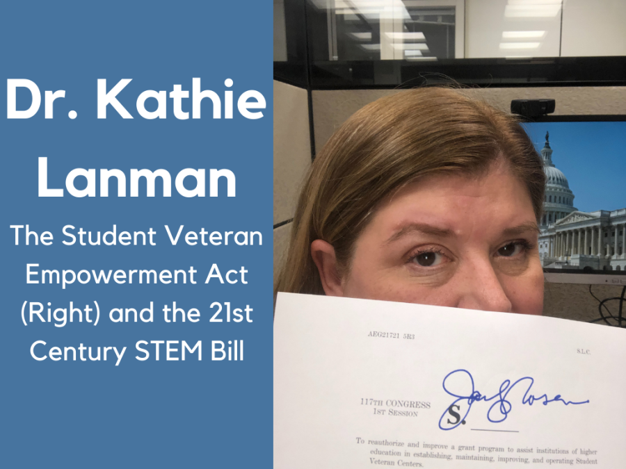 Dr. Kathie Lanman shows off the Student Veteran Empowerment Act signed by Senator Jacky Rosen (D-NV). 
